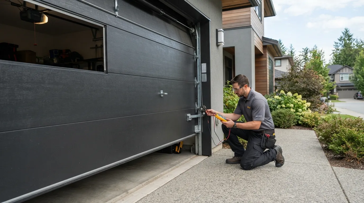 Technician repairing a garage door torsion spring in Allen