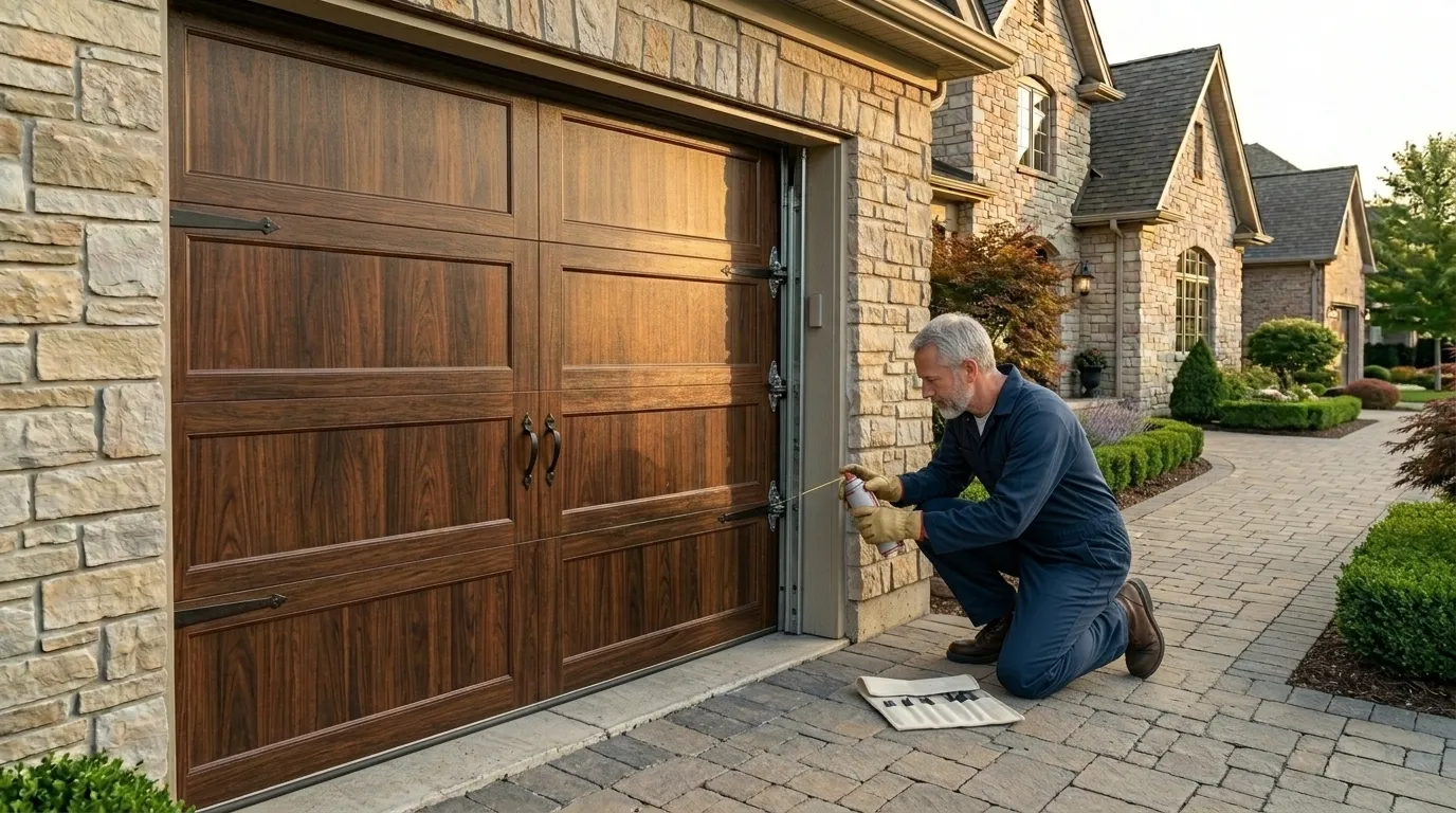 Garage door technician inspecting rollers tracks and opener